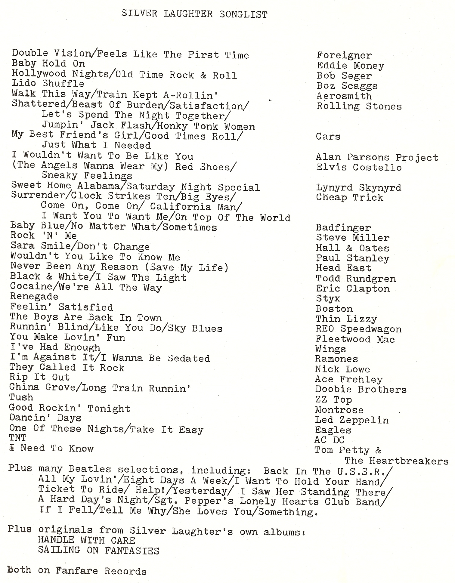 FOUND Song List from 197879 THE SILVERS